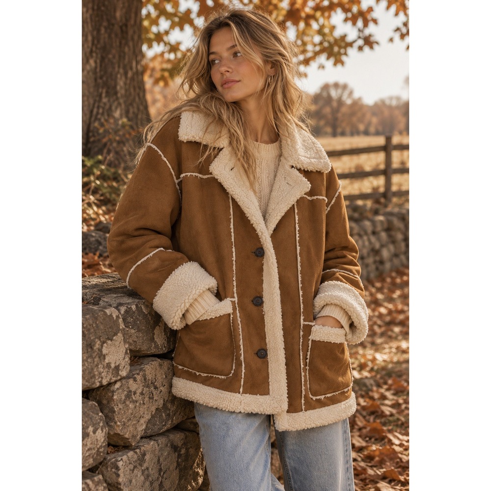 Altar'd State Flora Faux Suede Shearling Warm Jacket Cognac Brown Size Medium
